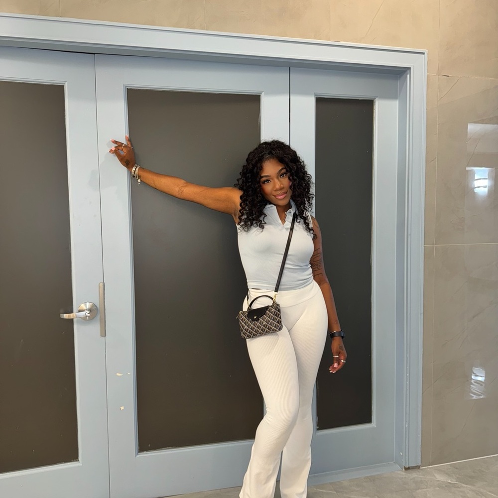 Women's White Ribbed Pants & Polo Top Set